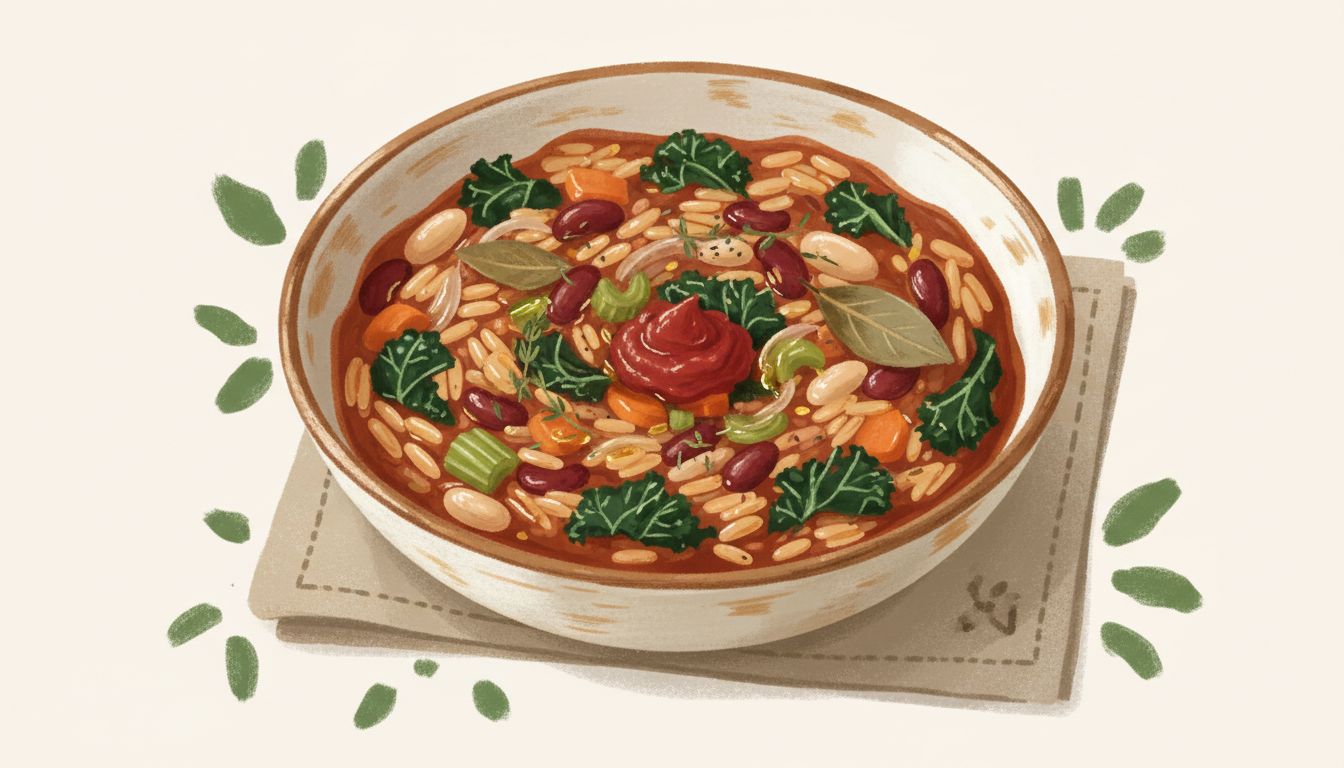Illustration af italiensk bønnegryde med risoni og grønkål
